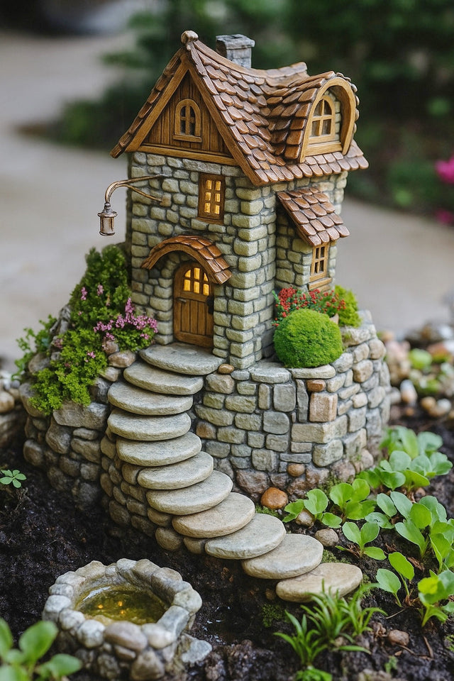 Miniature houses, figurines, and accessories for decorating terrariums and fairy gardens