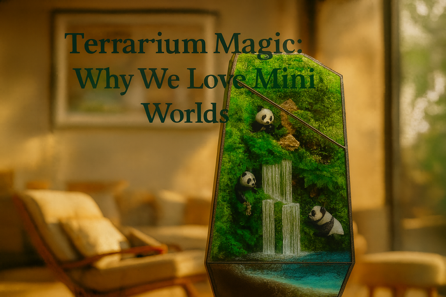 Glass moss terrarium with pandas and waterfall on a wooden table in warm natural light, symbolizing calm and connection with nature.