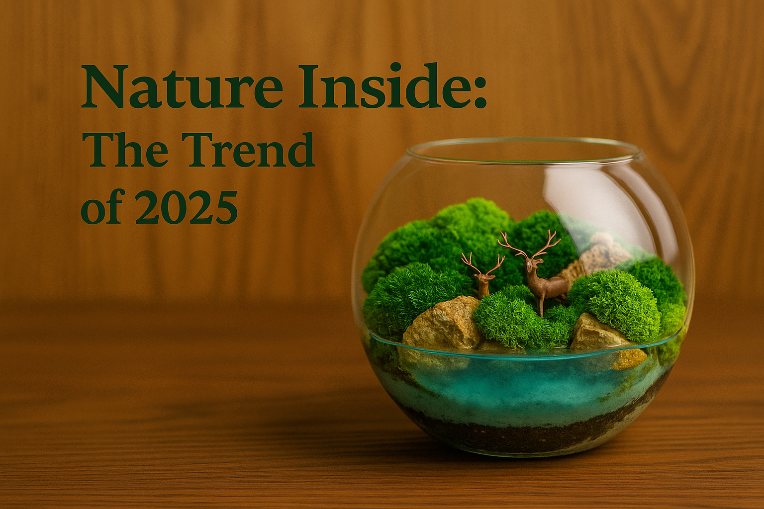 A glass terrarium with preserved moss, stones, and tiny deer figurines on a wooden surface, symbolizing the 2025 home decor trend — “Nature Inside.”