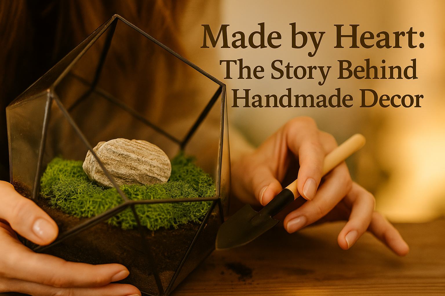 Hands of an artisan creating handmade home decor in warm natural light, symbolizing emotion, craftsmanship, and authenticity.