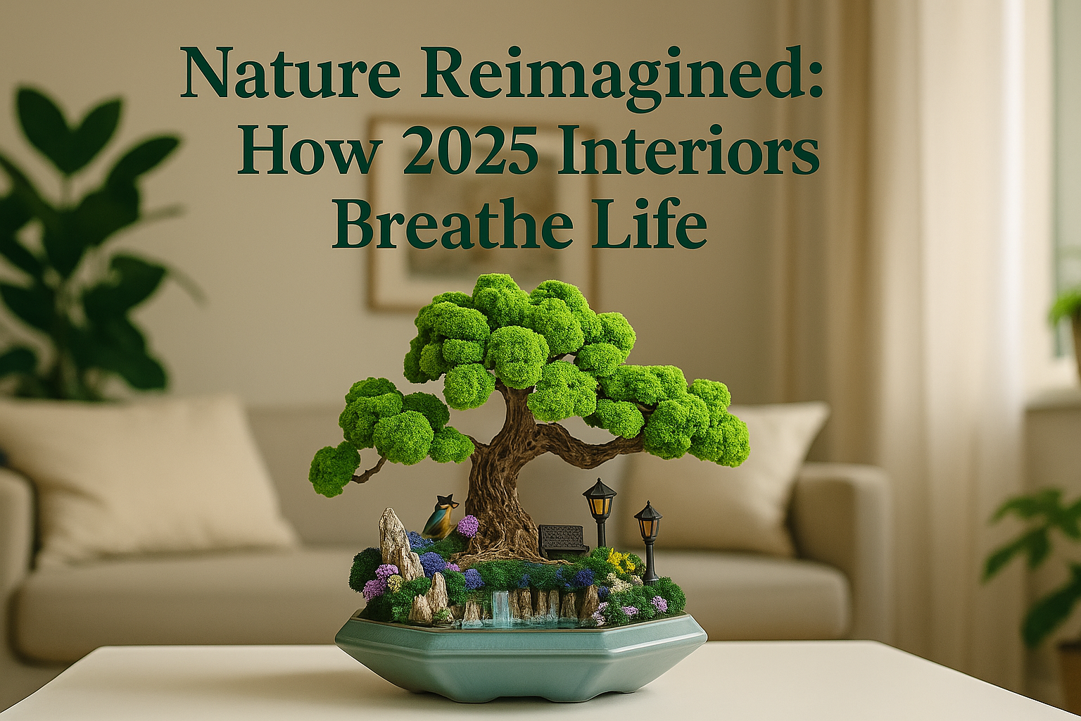 Handmade bonsai and moss terrarium centerpiece in a calm, softly lit interior — green biophilic decor for 2025 home trends