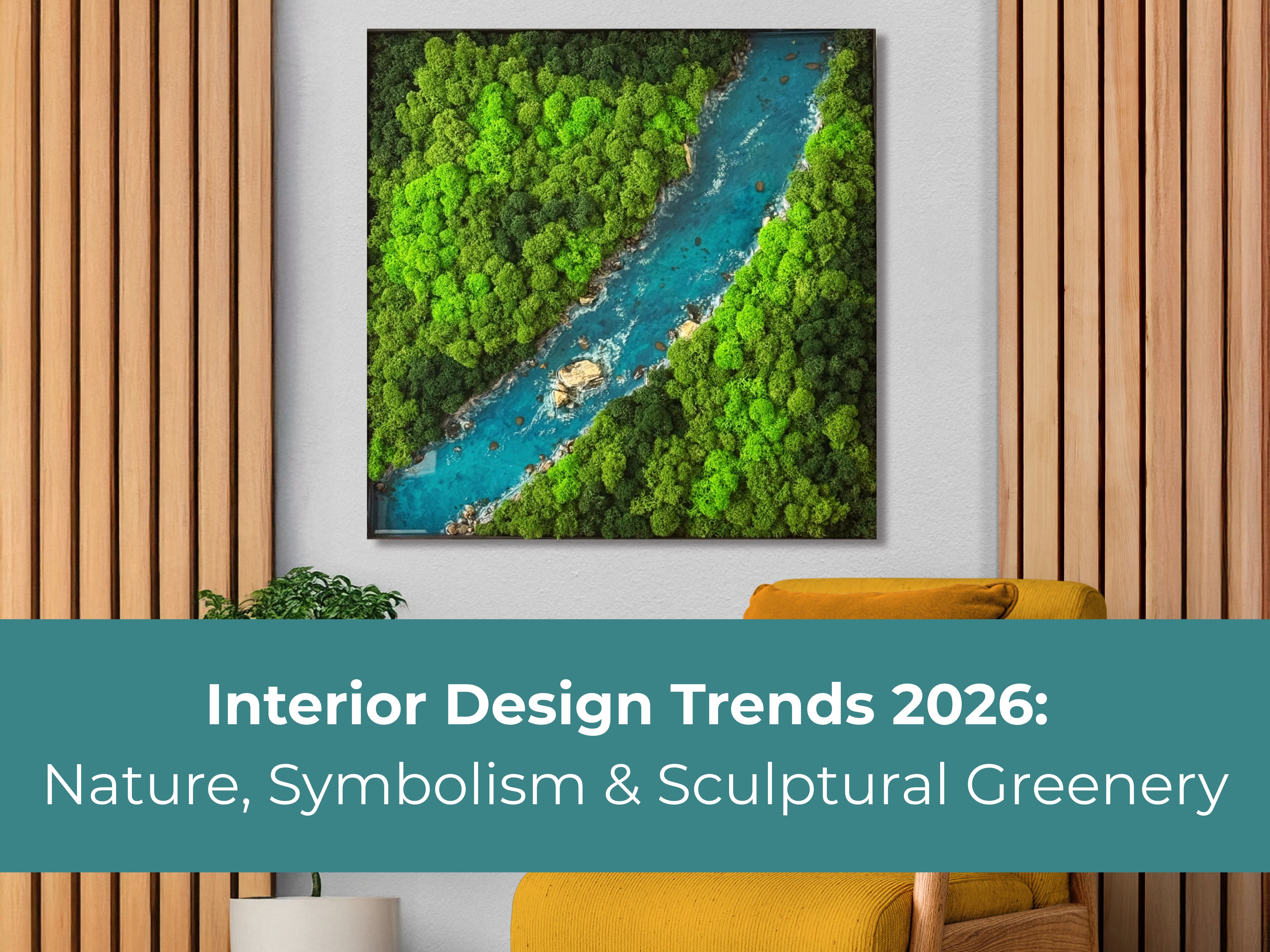 Moss wall art and natural greenery decor in modern living room interior design