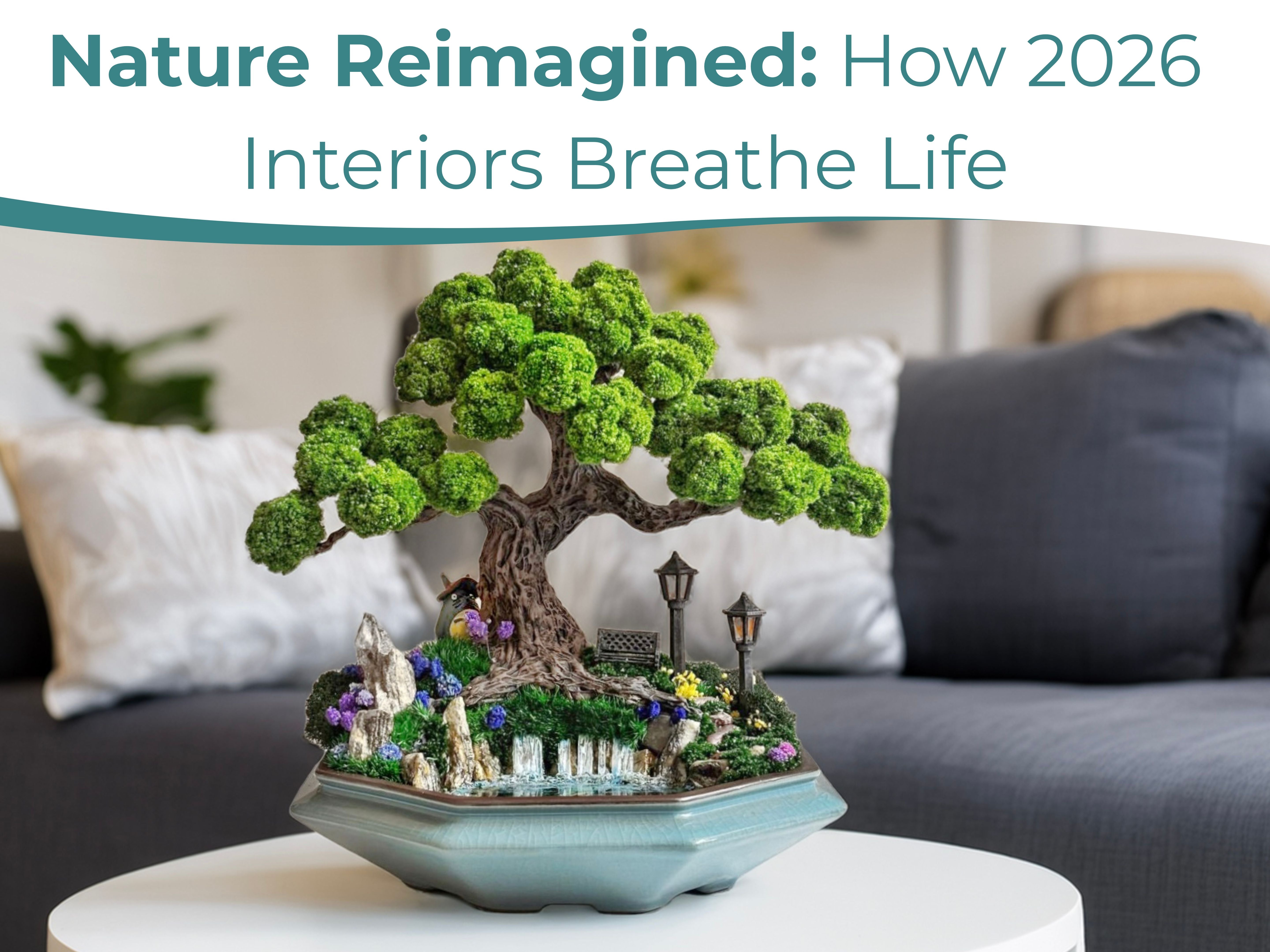 Handcrafted preserved bonsai with waterfall and moss decor on table in modern living room