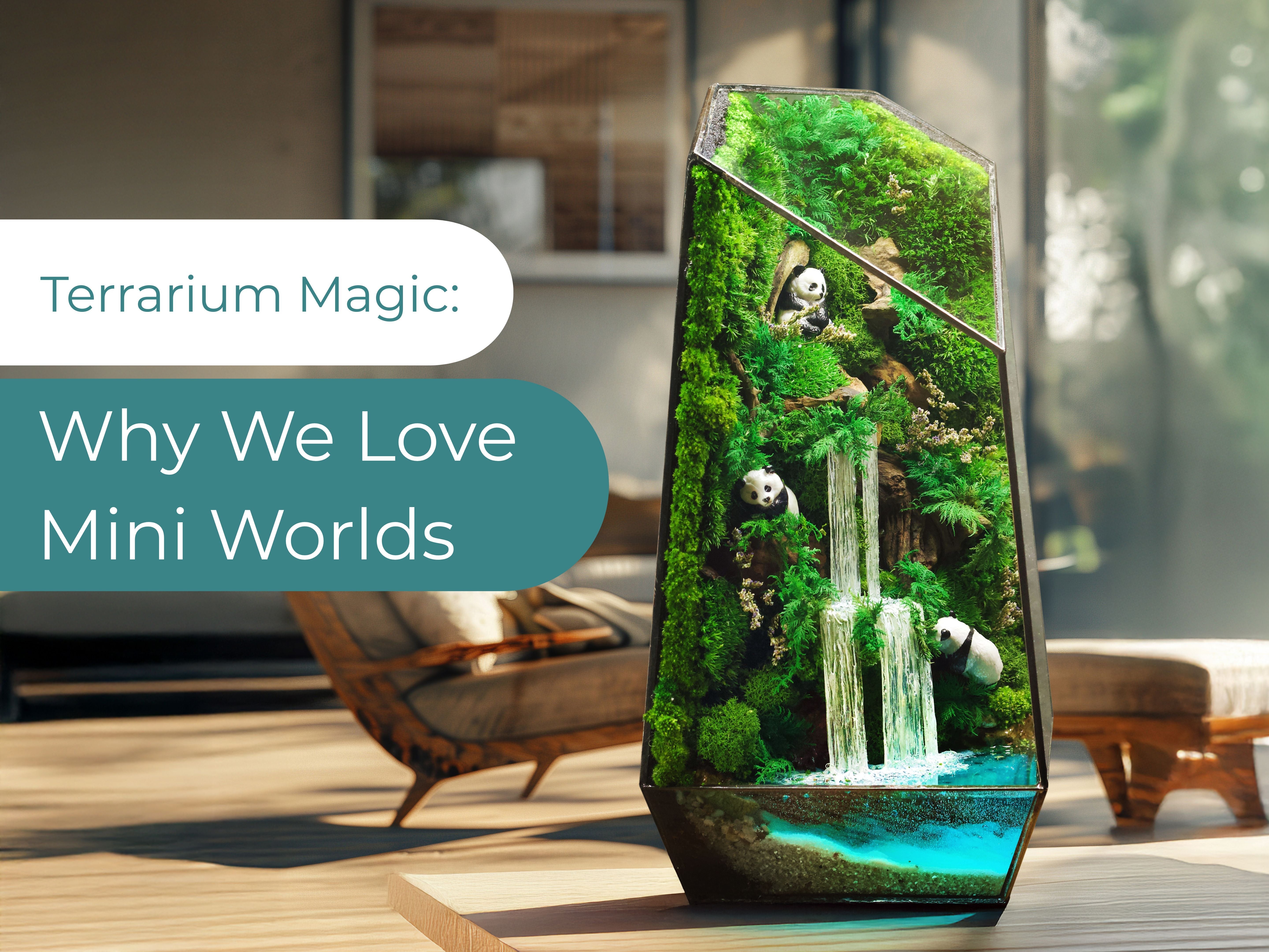 Tall geometric glass terrarium with preserved moss, miniature pandas and cascading waterfall over blue resin pond