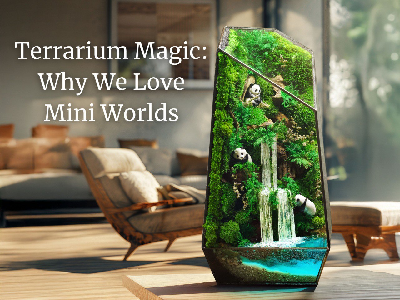 Glass moss terrarium with pandas and waterfall on a wooden table in warm natural light, symbolizing calm and connection with nature.