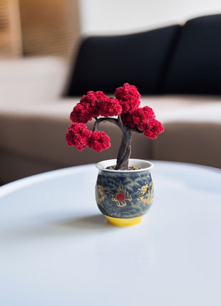 Mini Red Maple Bonsai Tree, Hand-Painted Ceramic Pot, No-Care Desk Decor, Zen Home Accent