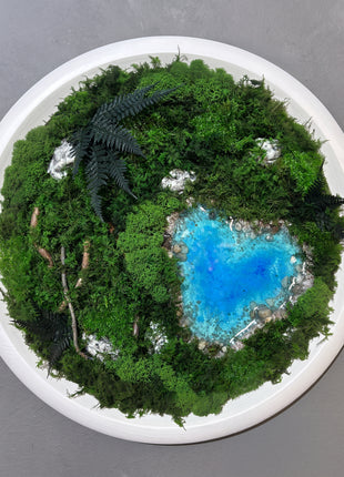 Round Preserved Moss Wall Art with Glowing Resin Lake