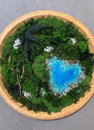 Round Preserved Moss Wall Art with Glowing Resin Lake