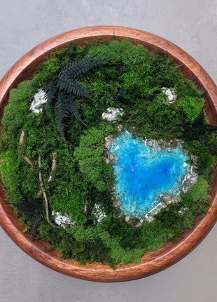 Round Preserved Moss Wall Art with Glowing Resin Lake