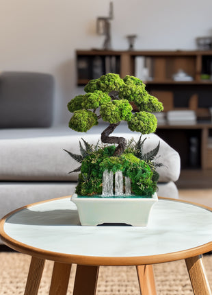 Japanese Style Bonsai Tree with Waterfall in Turquoise Ceramic Pot