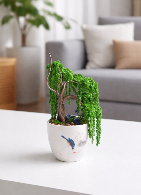 Mini Preserved Moss Willow Bonsai in White Ceramic Pot – Handmade Zen Desk Decor