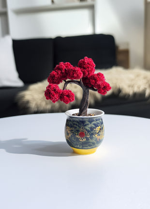 Mini Red Maple Bonsai Tree, Hand-Painted Ceramic Pot, No-Care Desk Decor, Zen Home Accent