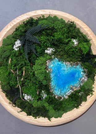 Round Preserved Moss Wall Art with Glowing Resin Lake