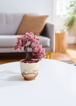 Mini Sakura Bonsai Tree, Preserved Cherry Blossom in Ceramic Pot