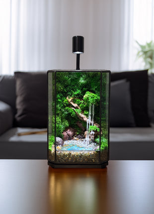 Jungle Moss Terrarium in Glass Cube with Optional LED Lamp, Glowing Waterfall & Resin Pond