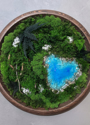 Round Preserved Moss Wall Art with Glowing Resin Lake