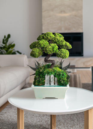 Japanese Style Bonsai Tree with Waterfall in Turquoise Ceramic Pot