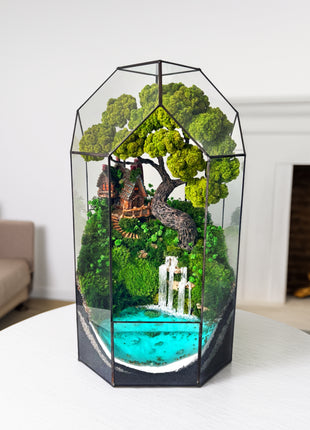 Terrarium with cottage bonsai and glowing waterfall Forest Haven