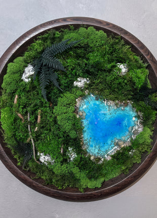 Round Preserved Moss Wall Art with Glowing Resin Lake