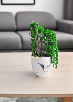 Mini Preserved Moss Willow Bonsai in White Ceramic Pot – Handmade Zen Desk Decor