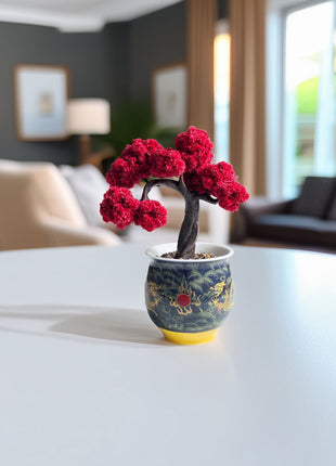 Mini Red Maple Bonsai Tree, Hand-Painted Ceramic Pot, No-Care Desk Decor, Zen Home Accent