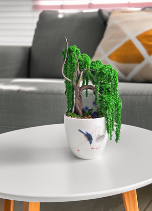 Mini Preserved Moss Willow Bonsai in White Ceramic Pot – Handmade Zen Desk Decor