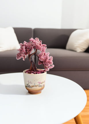 Mini Sakura Bonsai Tree, Preserved Cherry Blossom in Ceramic Pot