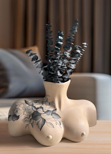 Abstract Woman Breasts Ceramic Vase with Floral Tattoo Design - Unique Feminine Body Art Modern Home Decor, Birthday Gift For Him