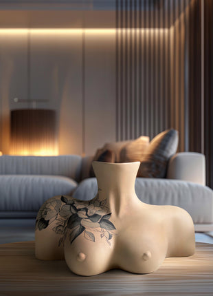Abstract Woman Breasts Ceramic Vase with Floral Tattoo Design - Unique Feminine Body Art Modern Home Decor, Birthday Gift For Him