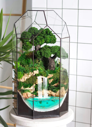 Unique Bonsai tree in the pyramid with waterfalls and preserved moss