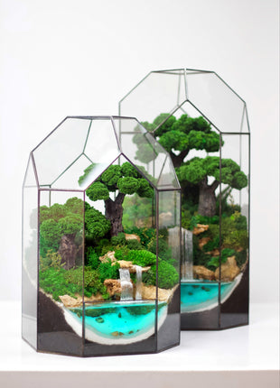 Unique Bonsai in the pyramid with waterfalls and preserved moss