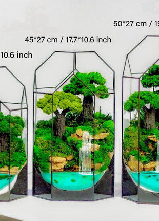 Zen garden n the pyramid with waterfalls and preserved moss