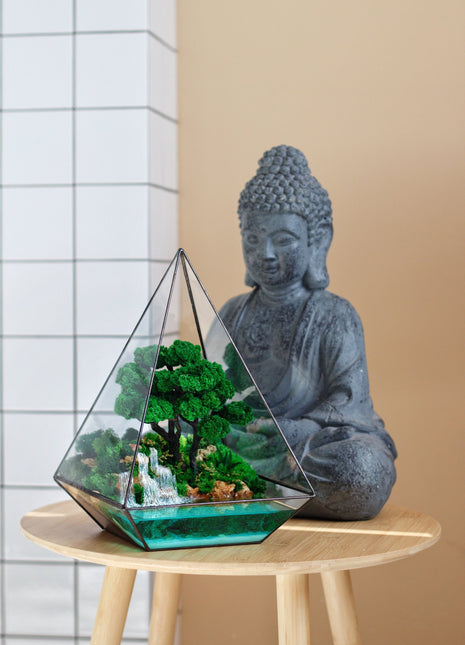 Crystal Pyramid Terrarium with Forest Waterfall and Preserved Moss Bonsai