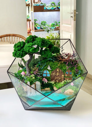 Fairy Tale Crystal Terrarium with preserved moss bonsai tree
