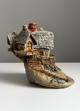 Rustic Grey-Roof Stone Cottage – Miniature House for Terrariums & Fairy Gardens