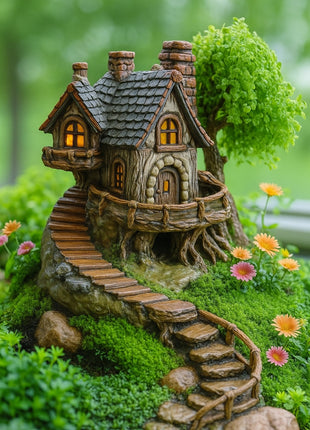Rustic Grey-Roof Stone Cottage – Miniature House for Terrariums & Fairy Gardens