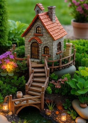 Stone Cottage with Orange Roof – Miniature House for Terrariums & Fairy Gardens