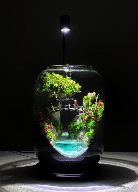 LED lamp lighting bonsai moss and miniature scene