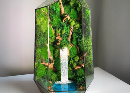 Glass terrarium with forest waterfall and preserved moss Minimalism - MagicGardens
