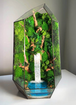 Glass terrarium with forest waterfall and preserved moss Minimalism - MagicGardens