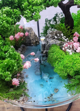 Terrarium in a hanging glass ball with bonsai tree and glowing pond — Mystery - MagicGardens