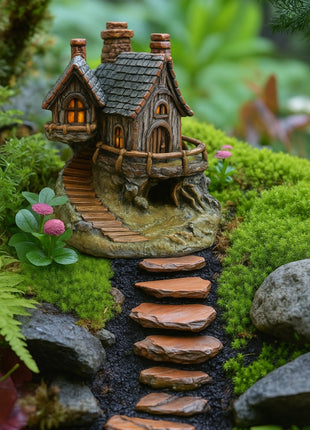 Rustic Grey-Roof Stone Cottage – Miniature House for Terrariums & Fairy Gardens