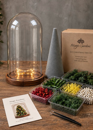 DIY Christmas Tree Kit in Lighted Glass Cloche with Preserved Juniper