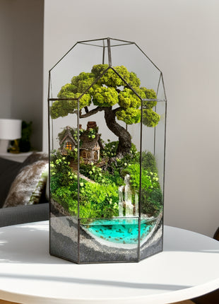 Terrarium with cottage bonsai and glowing waterfall Forest Haven