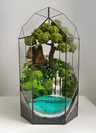 Terrarium with cottage bonsai and glowing waterfall Forest Haven