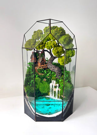 Terrarium with cottage bonsai and glowing waterfall Forest Haven
