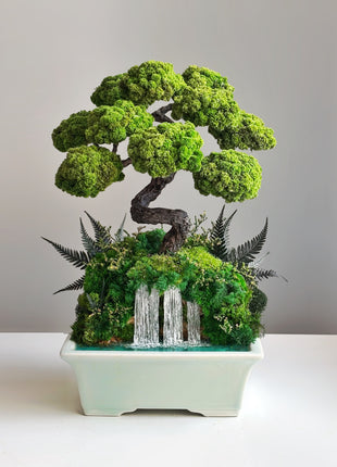 Japanese Style Bonsai Tree with Waterfall in Turquoise Ceramic Pot