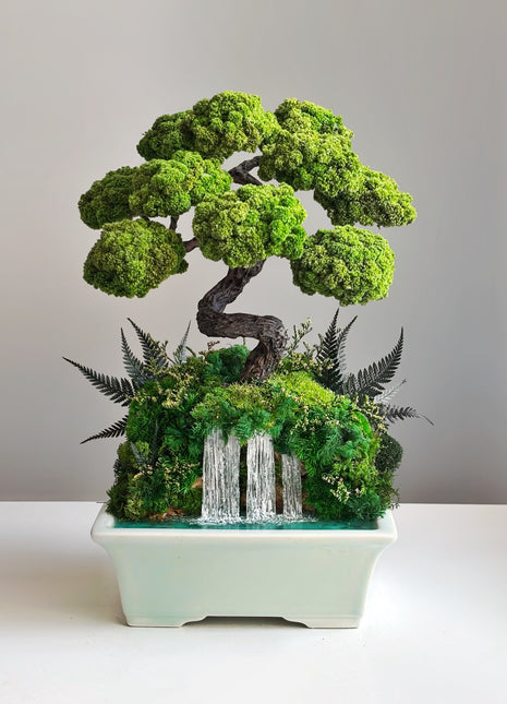Japanese Style Bonsai Tree with Waterfall in Turquoise Ceramic Pot
