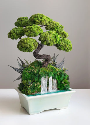 Japanese Style Bonsai Tree with Waterfall in Turquoise Ceramic Pot