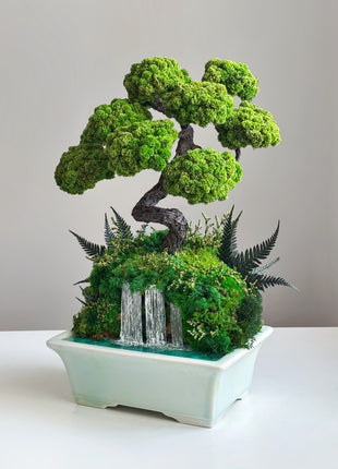 Japanese Style Bonsai Tree with Waterfall in Turquoise Ceramic Pot